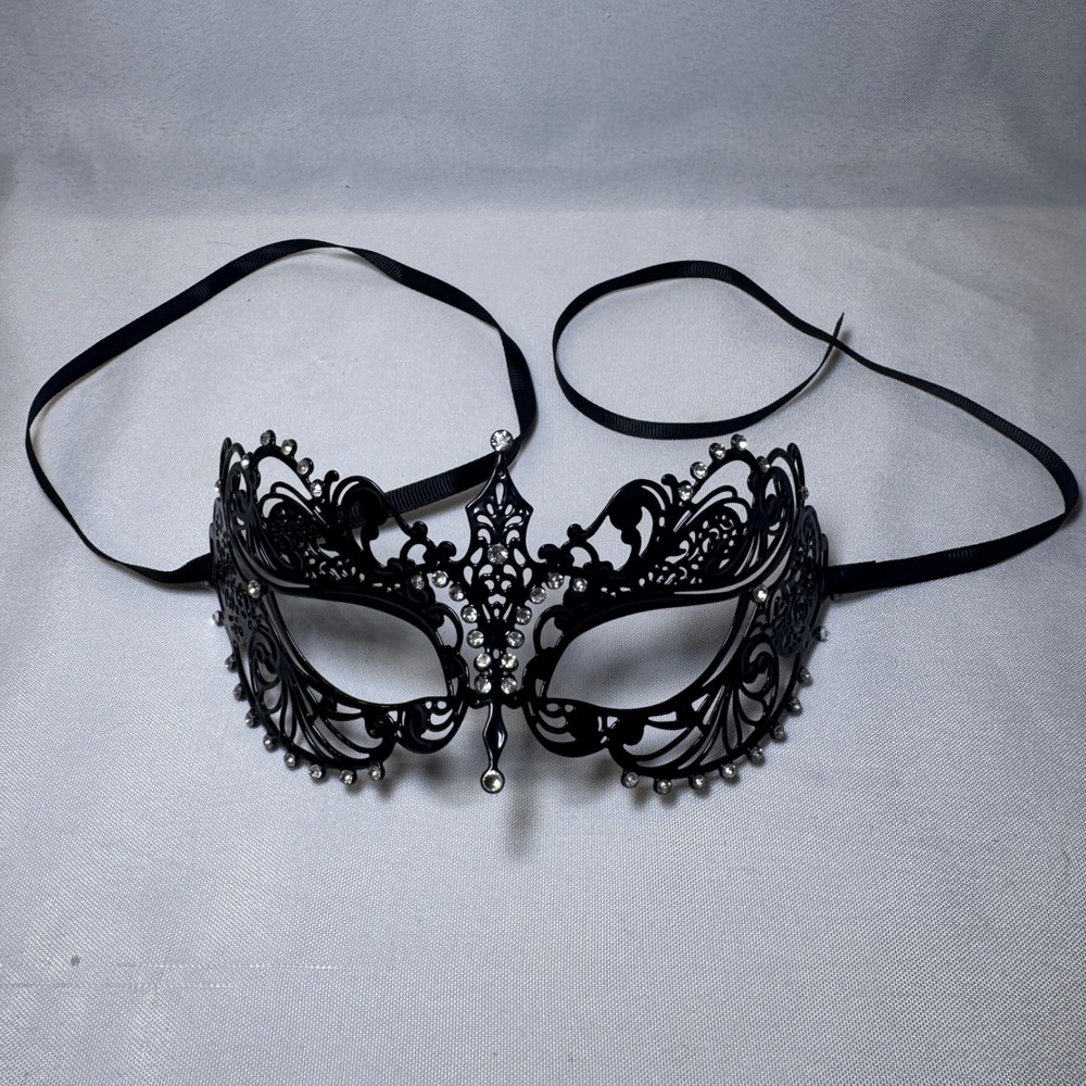 Black Metal Filigree Masquerade Mask Rhinestone Laser Cut Venetian Butterfly